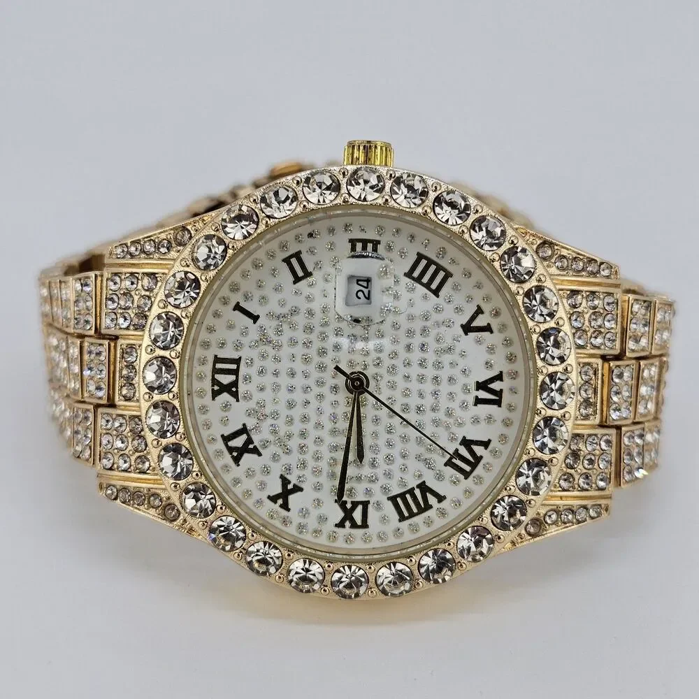 Unisex Watch 42MM Crystal Bling Gold Case Gold Band Date 7.5
